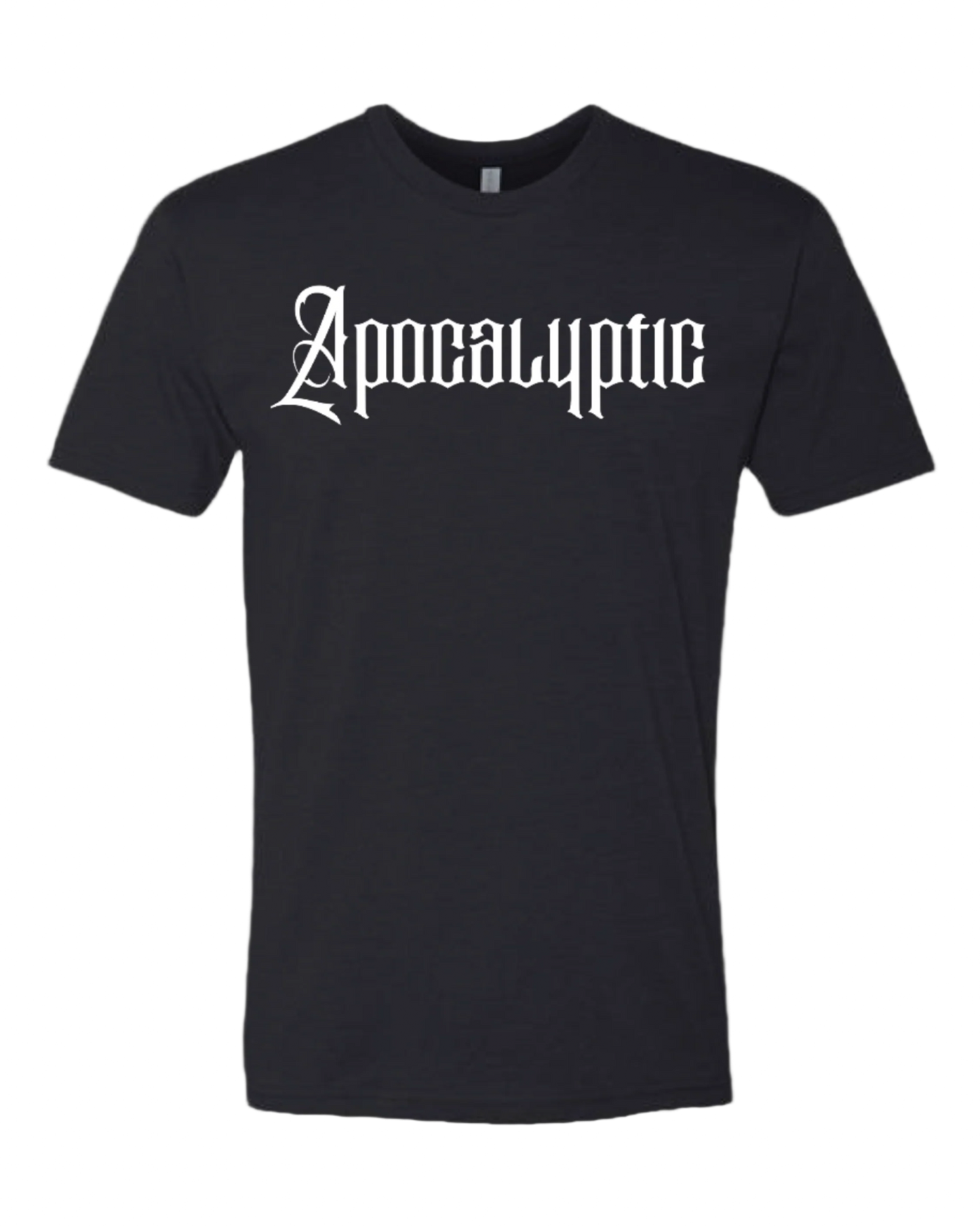 Black t-shirt with Apocalyptic logo in white ink.